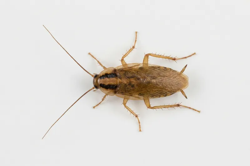 Cucaracha alemana (Blattella germanica): pequeña, marrón claro, dos rayas oscuras detrás de la cabeza